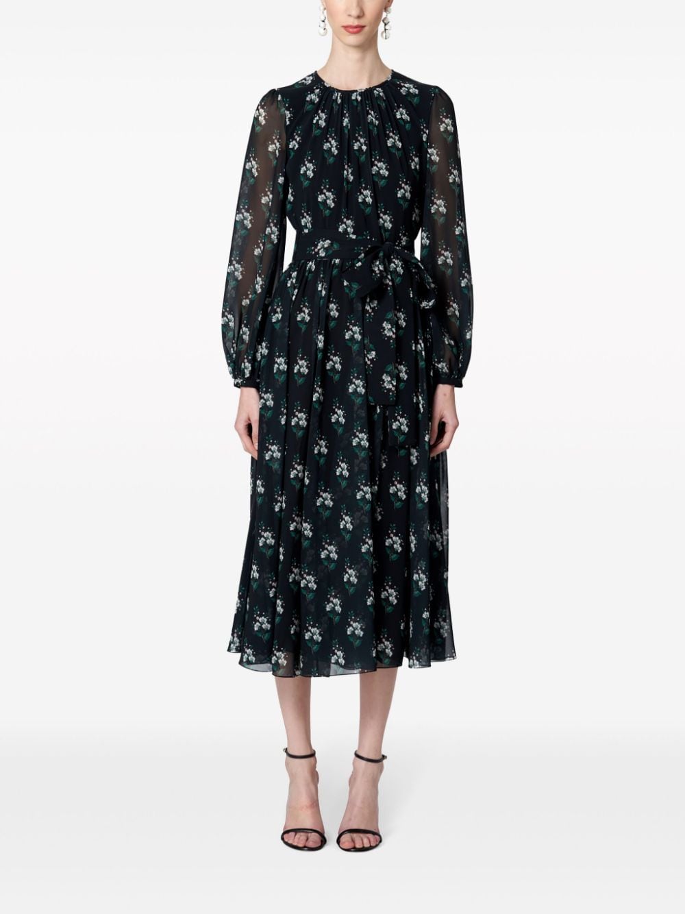 Shop Carolina Herrera Floral-print Belted Midi Dress In Black