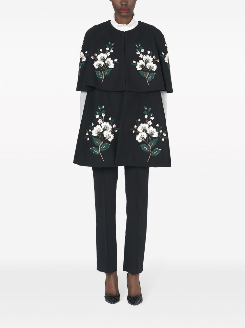 Carolina Herrera floral-embroidered wool cape - Zwart