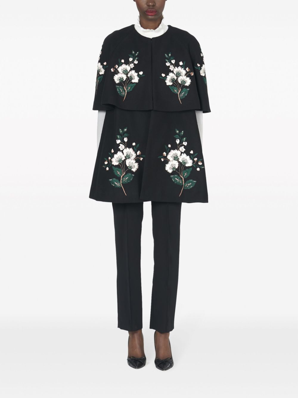 Shop Carolina Herrera Floral-embroidered Wool Cape In Black