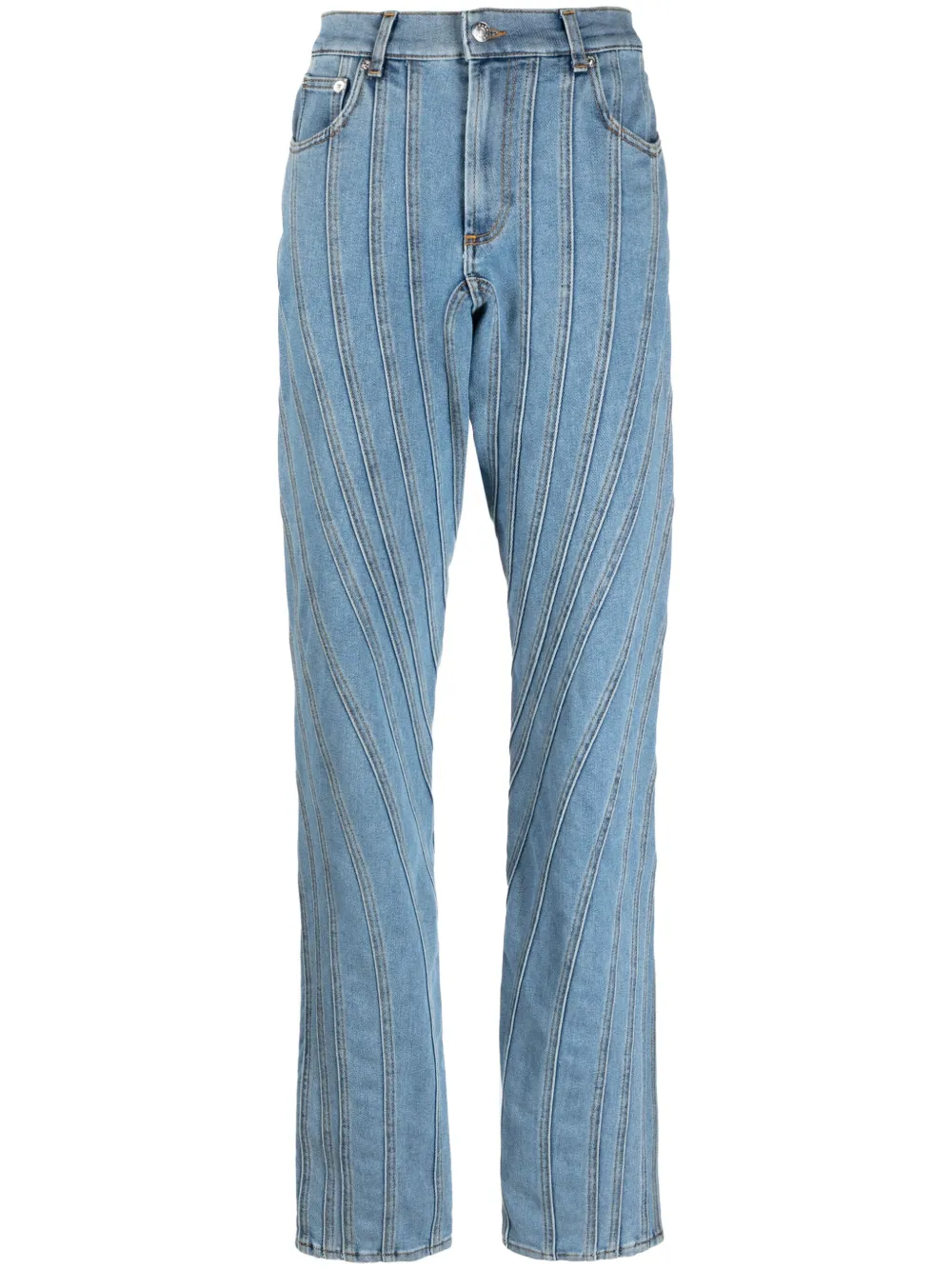 Mugler Seam-embellished Straight-leg High-rise Stretch-denim Jeans In Blue