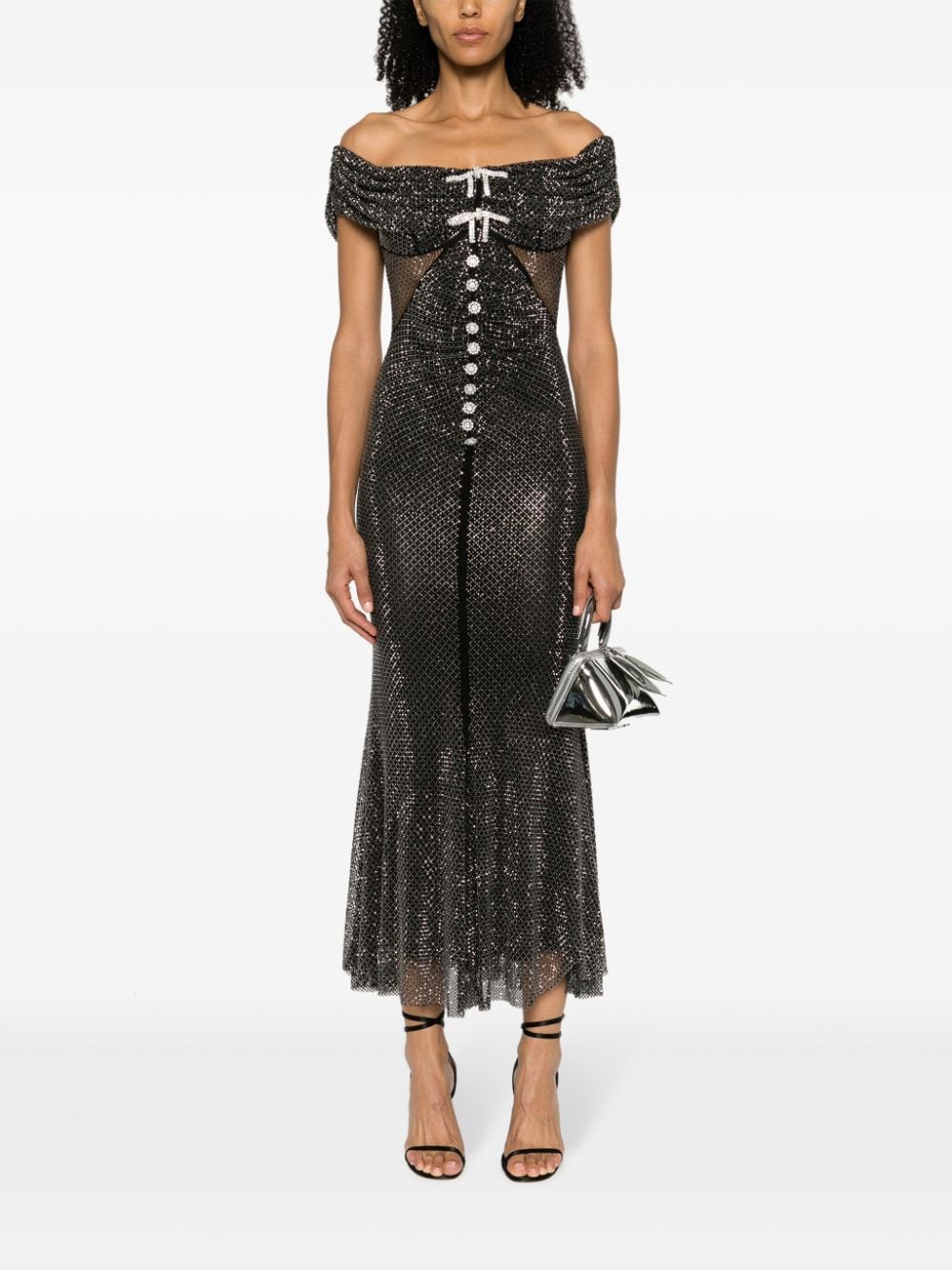Shop Self-portrait Crystal-embellished Off-shoulder Maxi Dress In Black