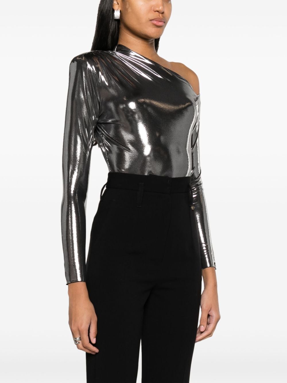 Shop Nissa Lamé-effect Asymmetric Bodysuit In Silver