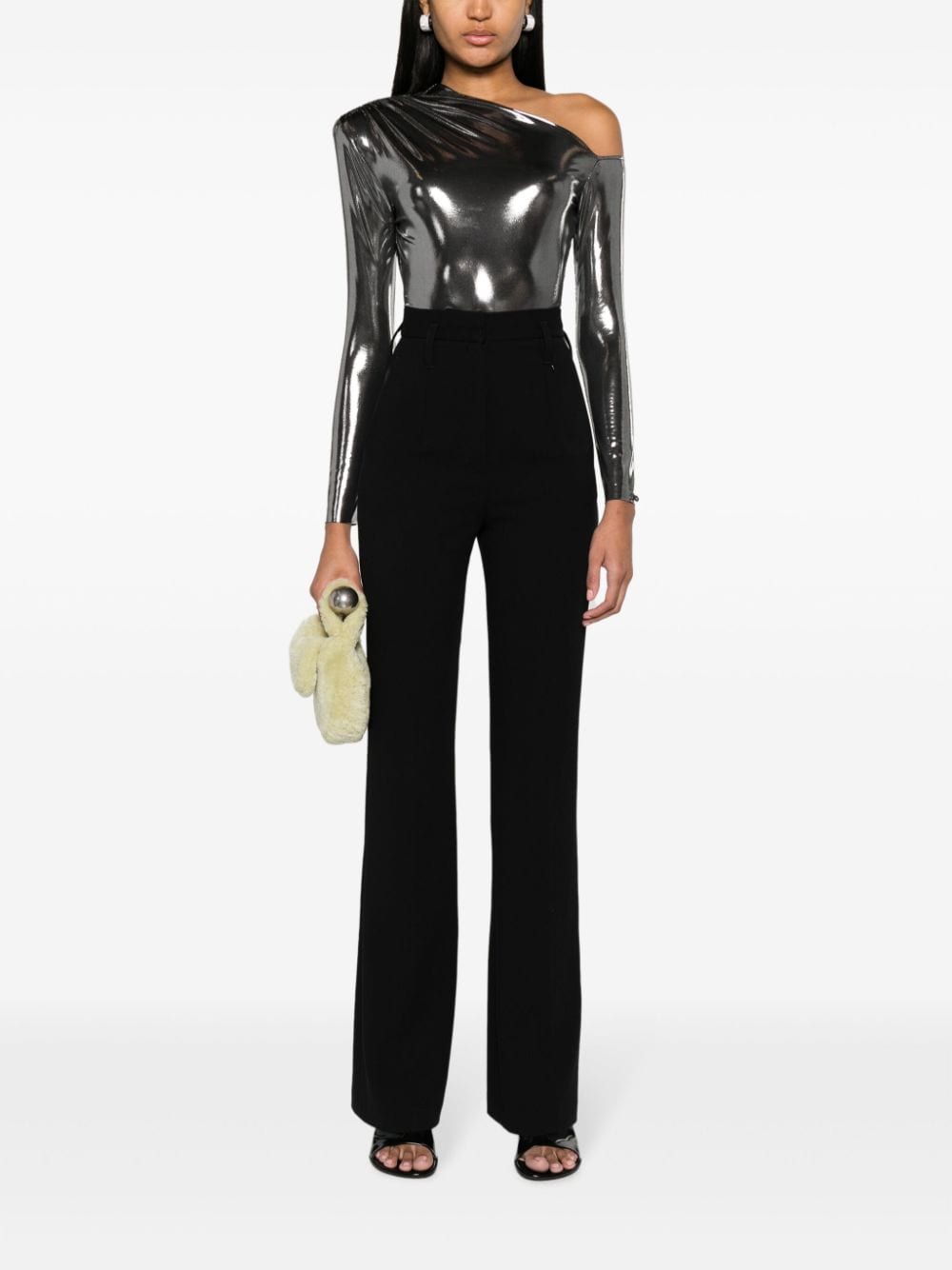 Shop Nissa Lamé-effect Asymmetric Bodysuit In Silver