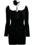 NISSA rose-appliqué ruched velvet minidress - Black