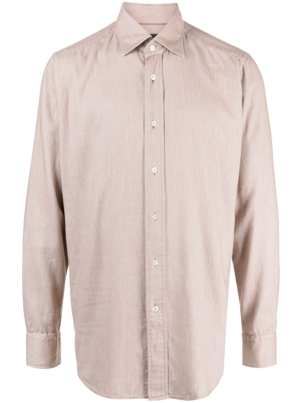 Hugo Boss Mélange-effect Spread-collar Shirt In Brown
