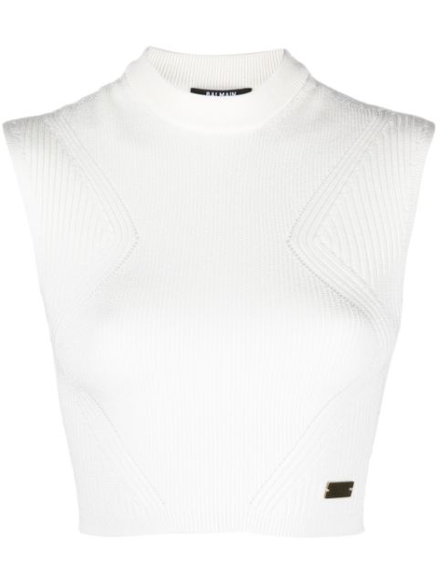 Balmain logo-plaque knitted crop top Women