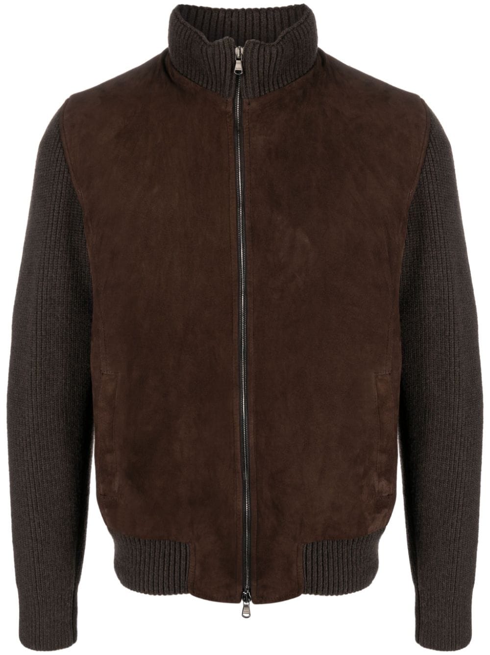 Barba High-neck Panelled Leather Jacket In Brown