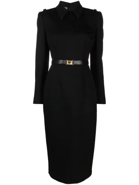 Prada belted wool-blend midi dress