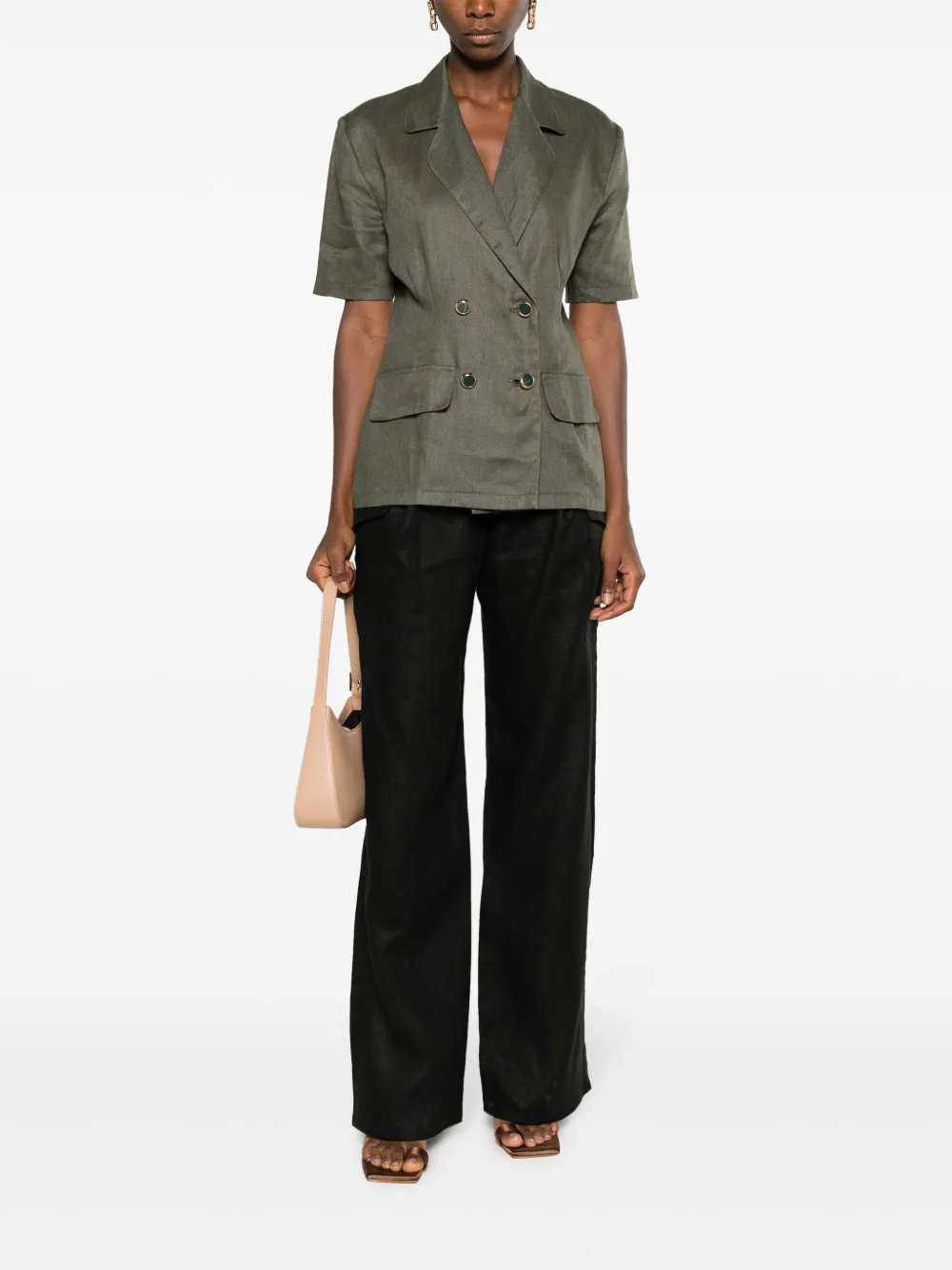 MANURI Pimmy linen short-sleeve double-breasted blazer - Groen