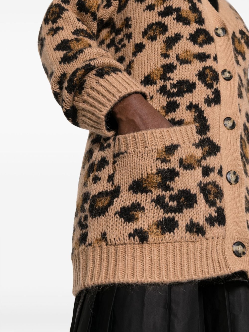 Shop Valentino Leopard-intarsia V-neck Cardigan In Brown