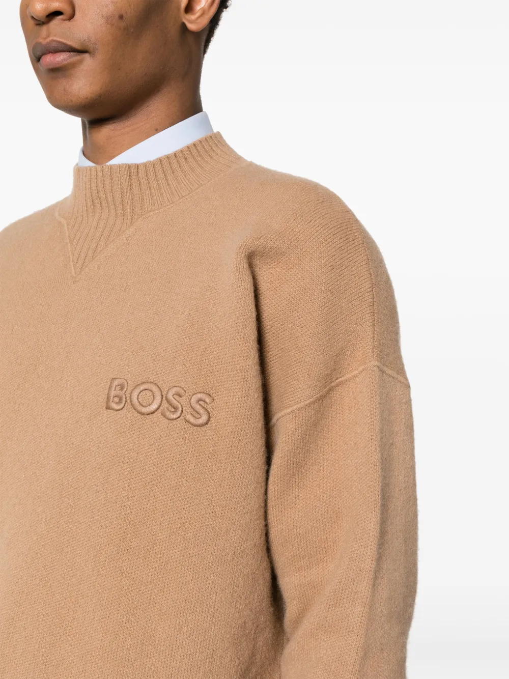 Shop Hugo Boss Logo-embroidered Virgin-wool Jumper In Brown