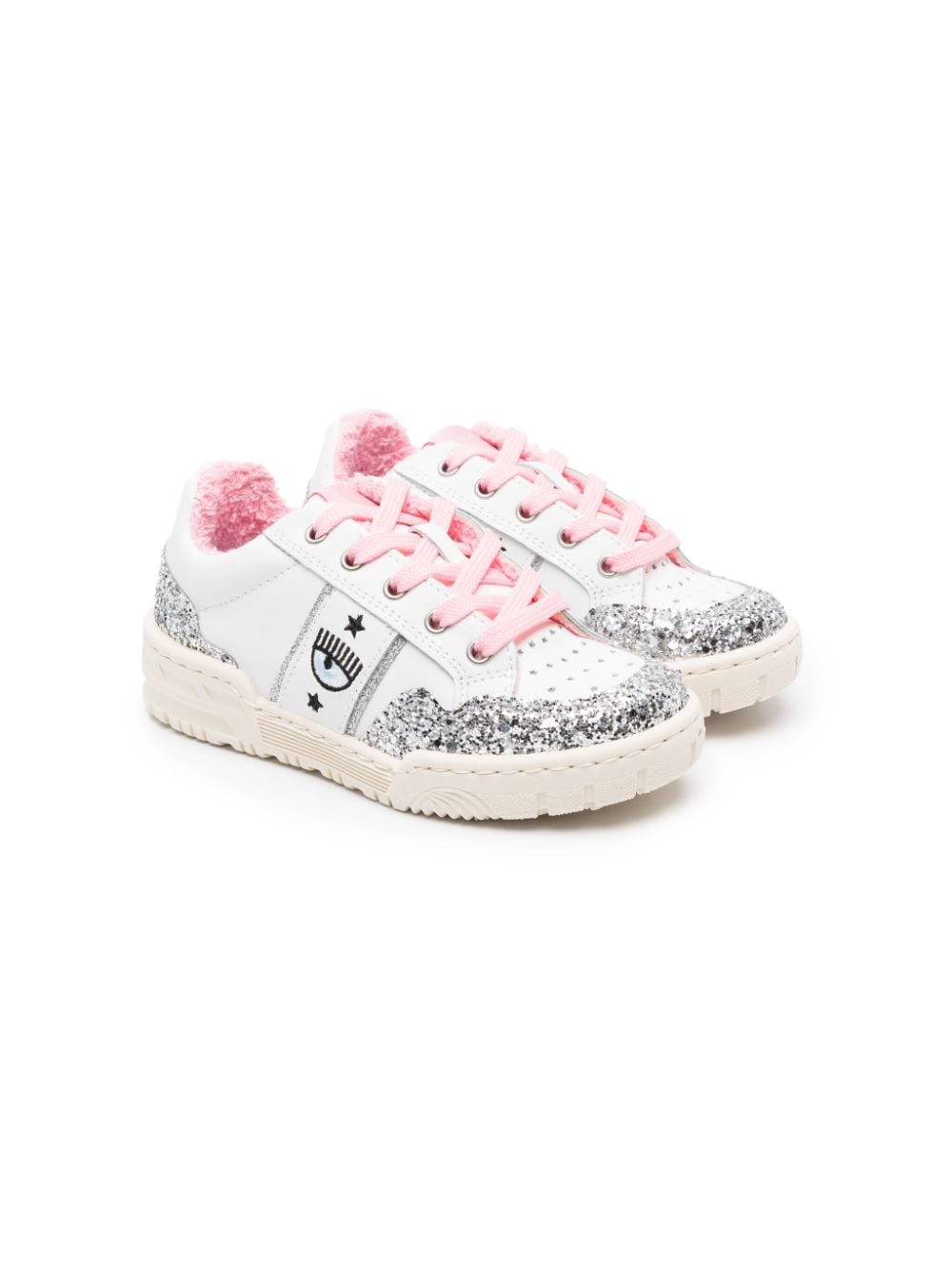 Chiara Ferragni Kids' Glitter-panels Leather Sneakers In White