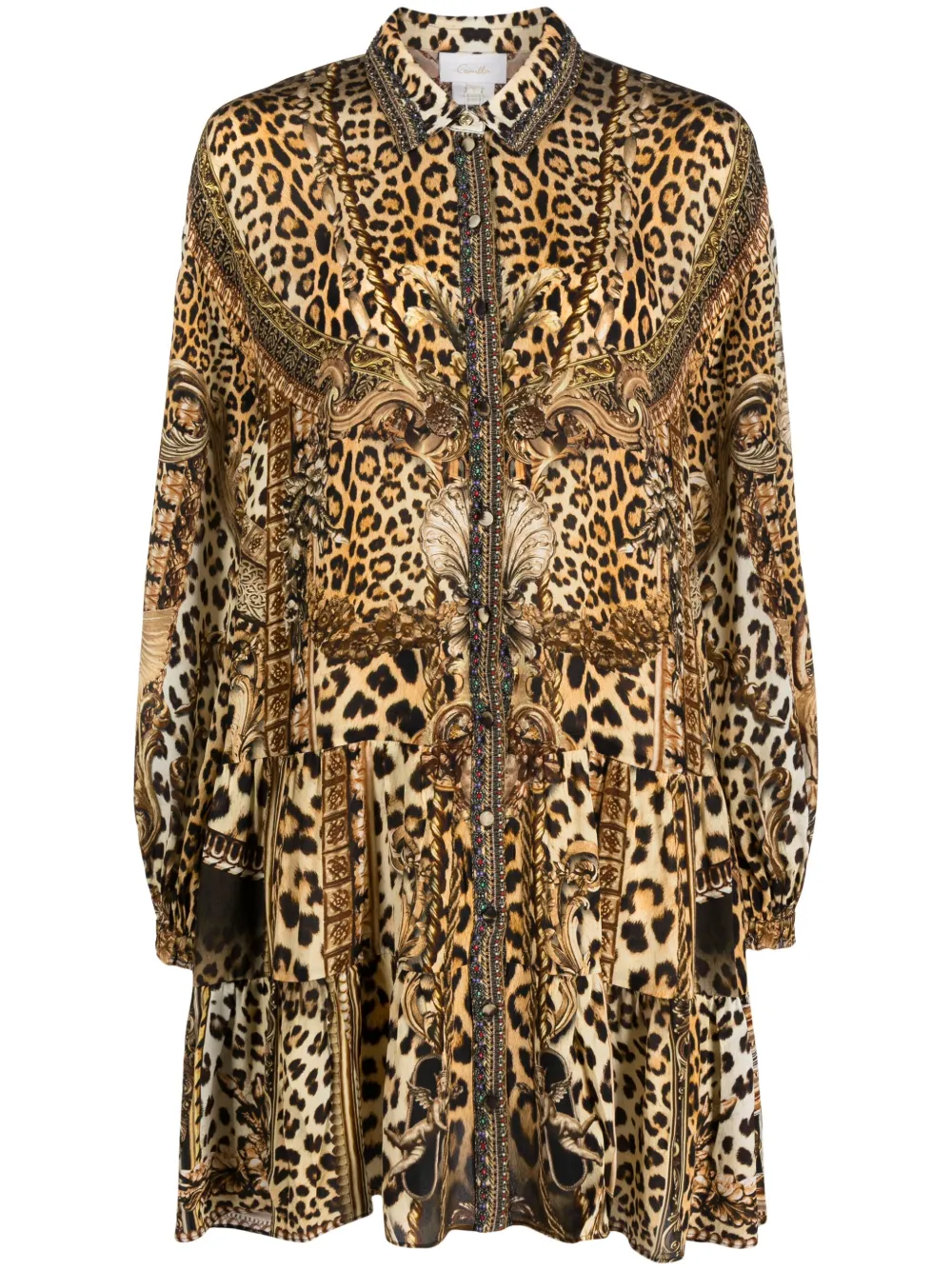 Camilla Mixed Animal-print Silk Tiered Mini Shirtdress In Neutrals