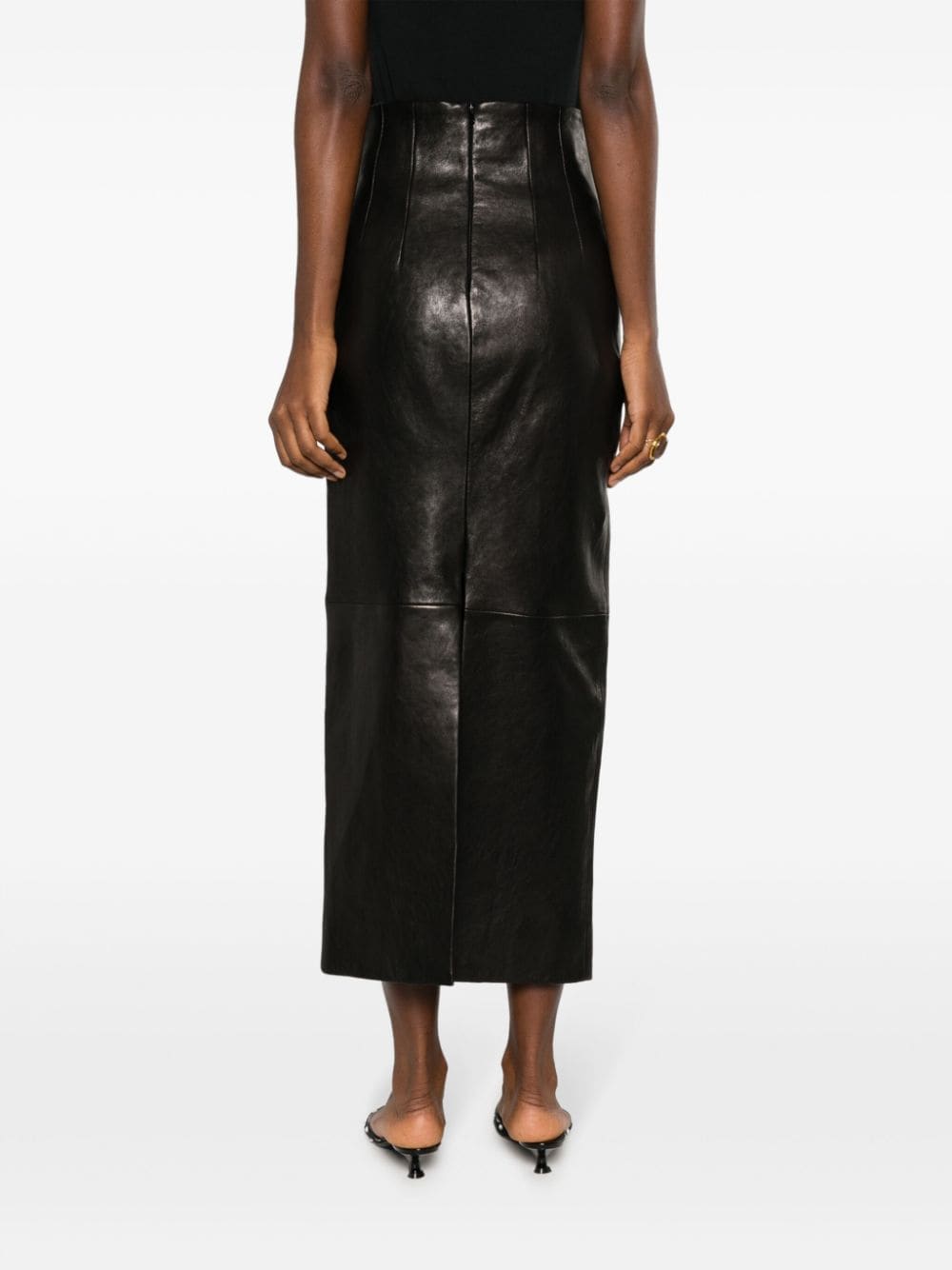 Shop Khaite The Loxley Leather Midi Skirt In Black
