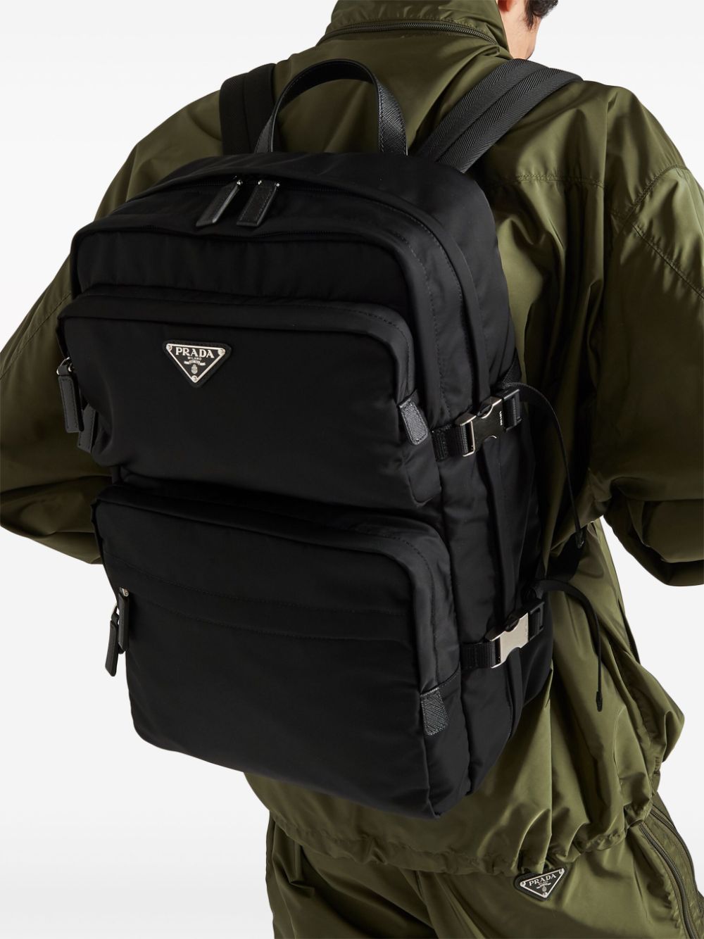 Shop Prada Re-nylon Saffiano Leather Backpack In Black