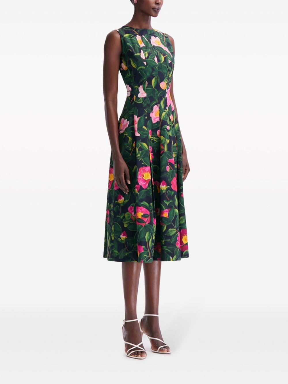 Shop Oscar De La Renta Camellia Cotton Poplin Midi Dress In Blue