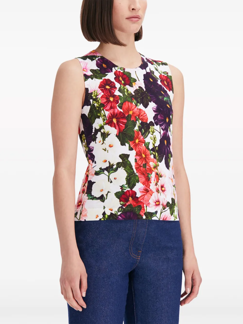 Shop Oscar De La Renta Hollyhocks Floral-print Tank Top In Multicolour