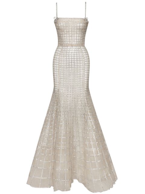 Oscar de la Renta crystal-grid embroidered trumpet dress