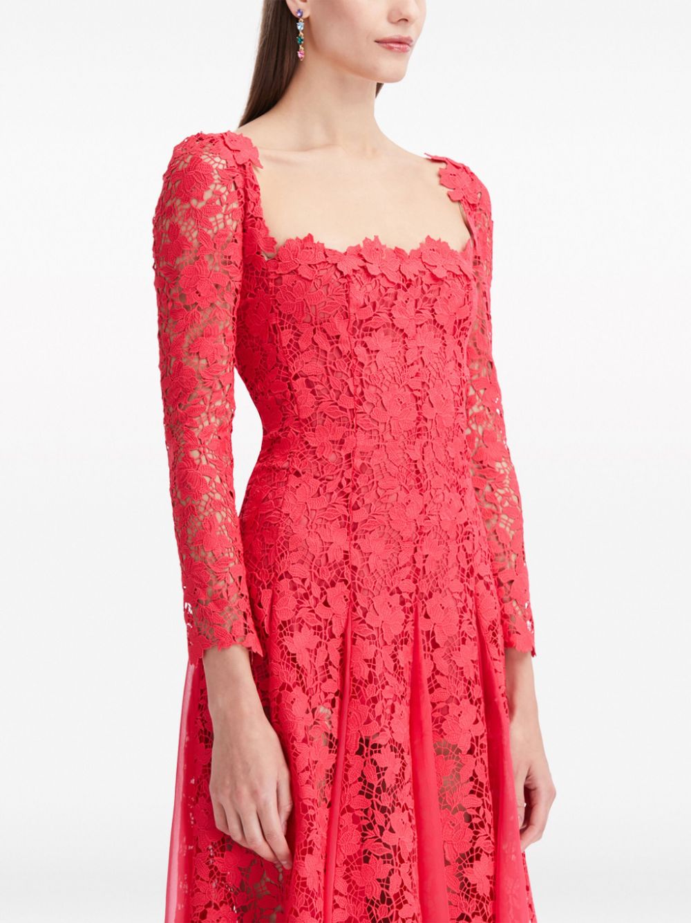 Shop Oscar De La Renta Guipure-lace Long-sleeve Midi Dress In Pink