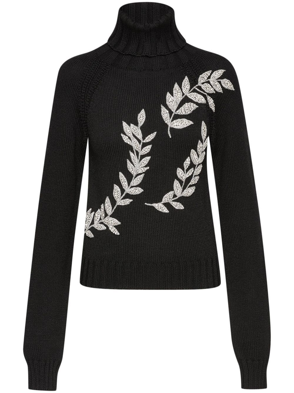 Oscar De La Renta Leaf-embroidery Virgin-wool Jumper In Black