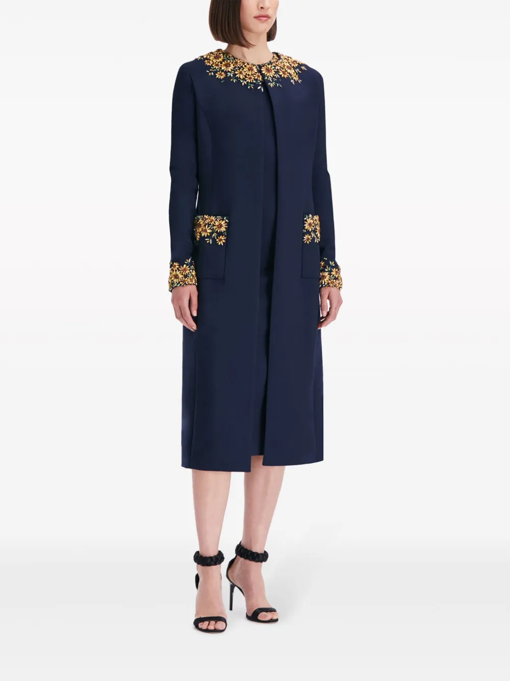 Shop Oscar De La Renta Sunflower Crystal-embroidered Coat In Blue