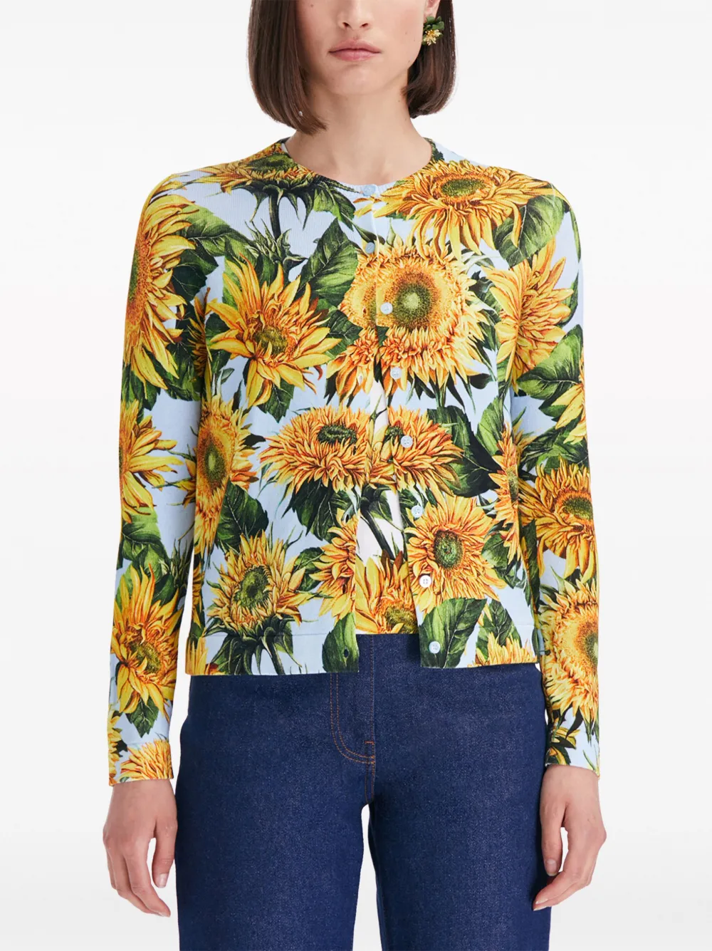 Shop Oscar De La Renta Sunflower-print Knitted Cardigan In Yellow