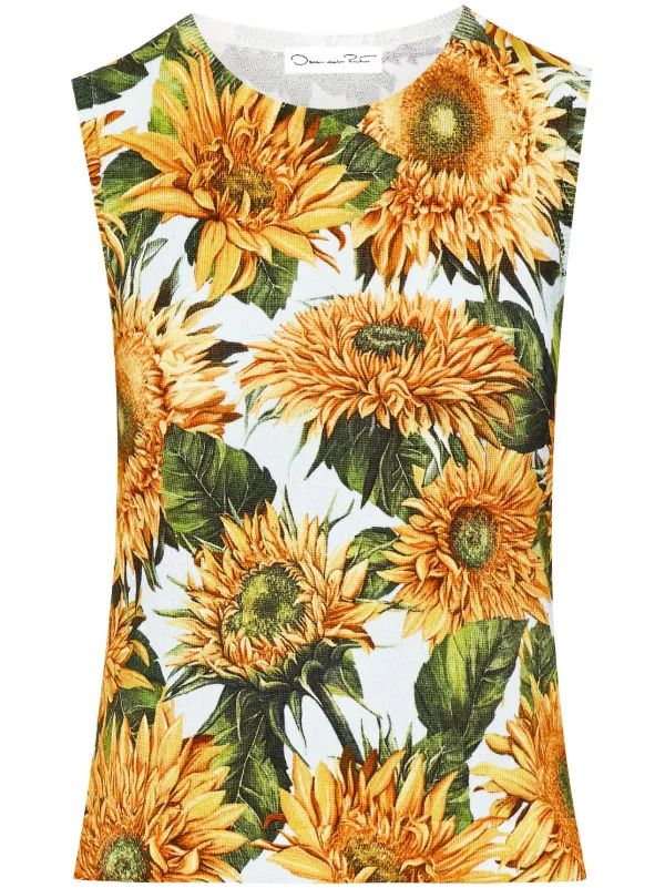 Oscar de la Renta Floral-print Round-neck Tank Top in Yellow