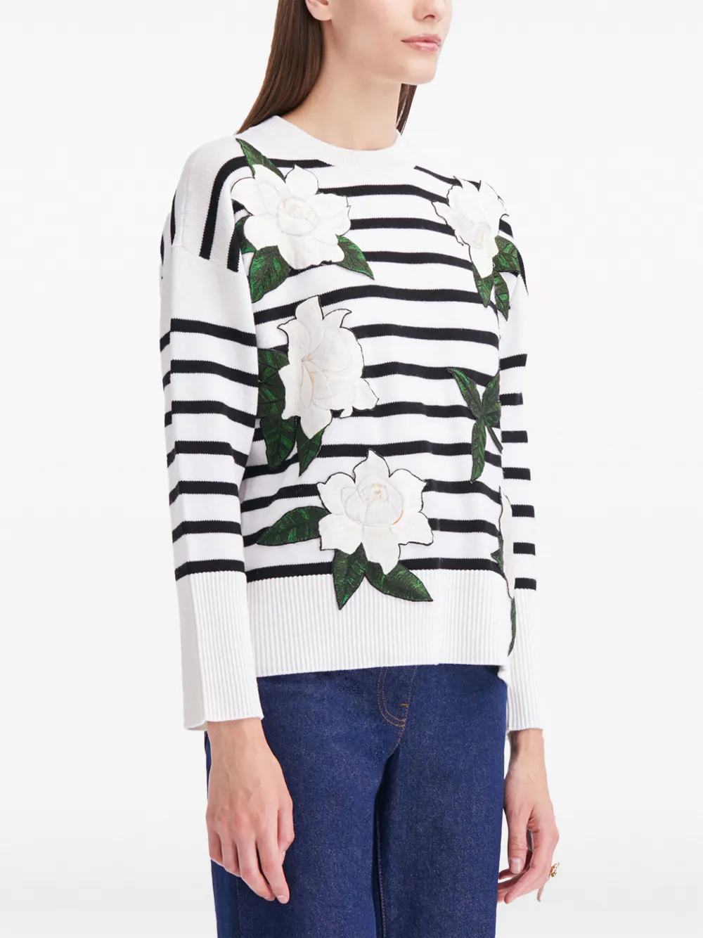 Shop Oscar De La Renta Gardenia Striped Threadwork Jumper In White/black