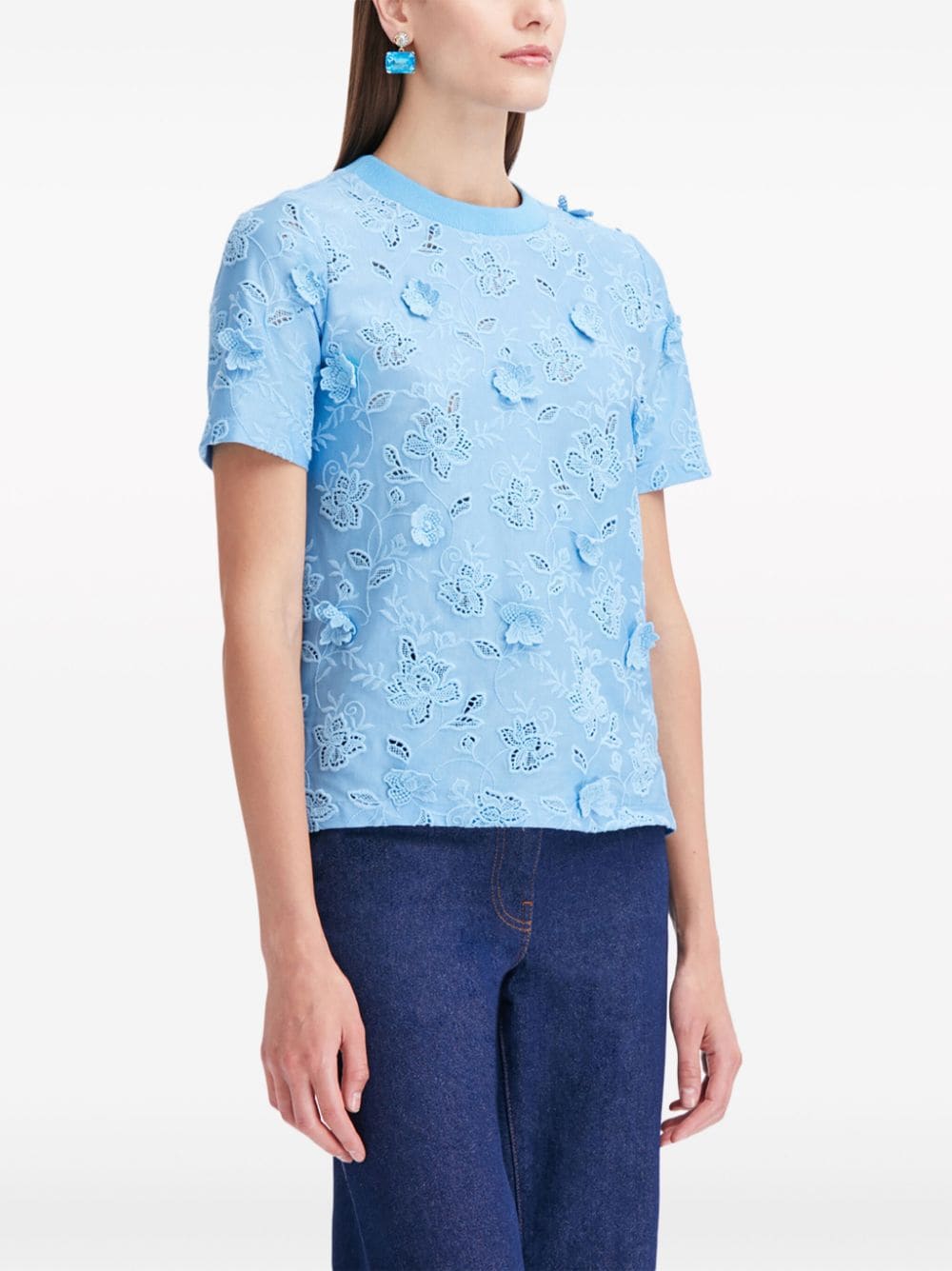 Shop Oscar De La Renta Gardenia Guipure-lace T-shirt In Blue