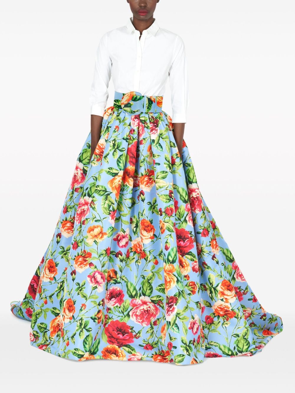 Shop Carolina Herrera Rose-print Ball Skirt In Blue