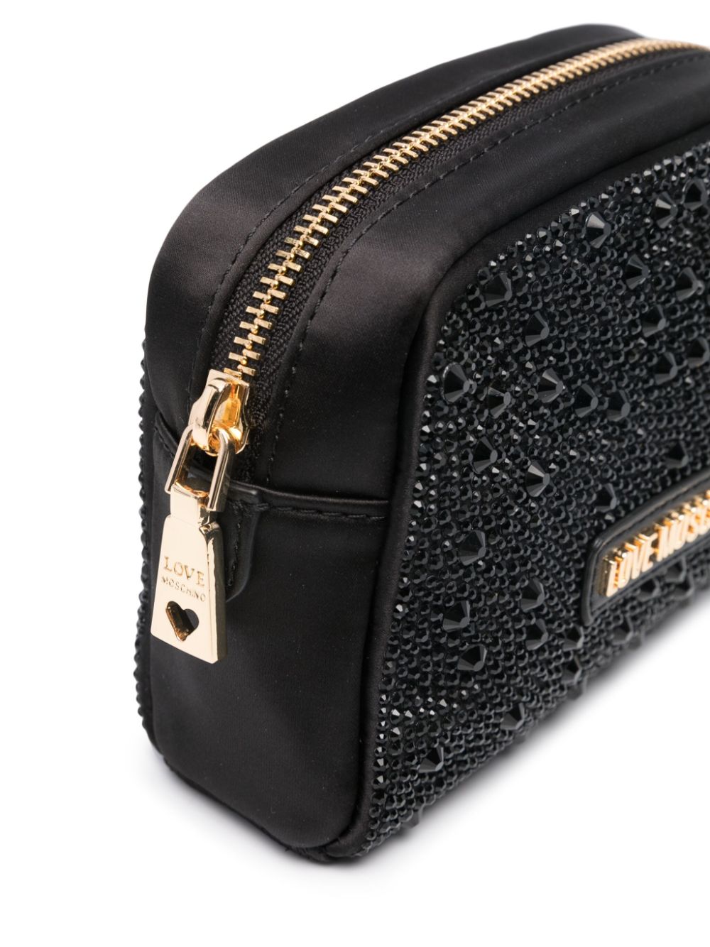 Shop Love Moschino Crystal-embellished Satin Make-up Bag In Black