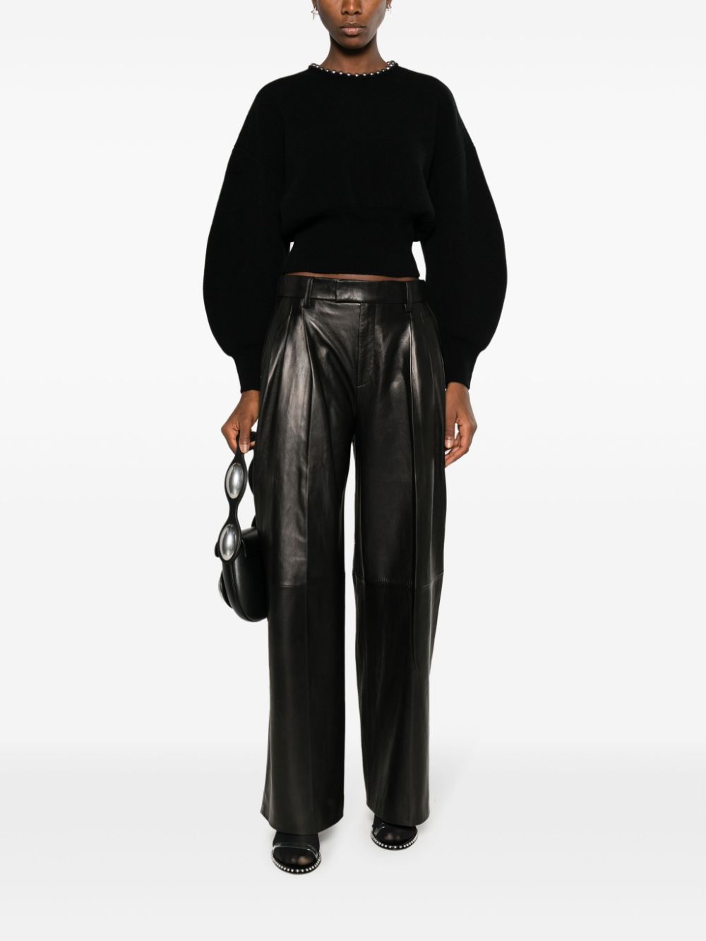 Shop Alexander Wang Pleated Wide-leg Leather Trousers In Black