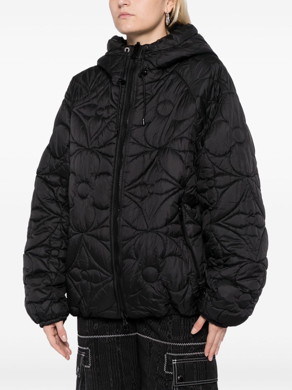 Pre-owned Monogram Embroidered Leather Puffer Jacket In Black
