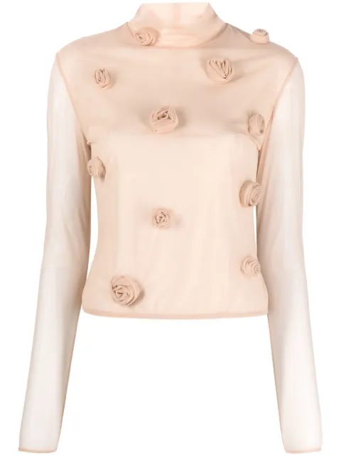 Blumarine floral-appliqué long-sleeve mesh top