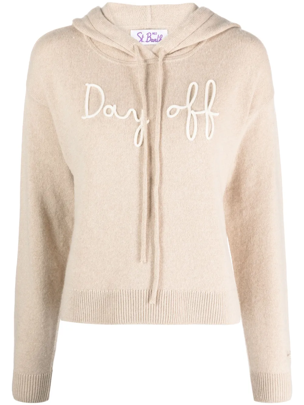 Mc2 Saint Barth Cropped Knit Hoodie With Day Off Embroidery In Neutrals