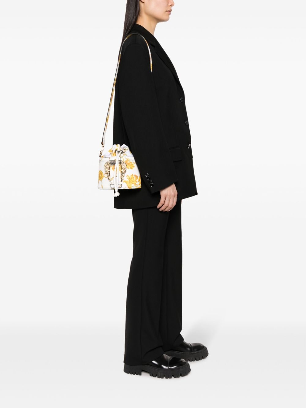 Shop Versace Jeans Couture Baroque-buckle Bucket Bag In White