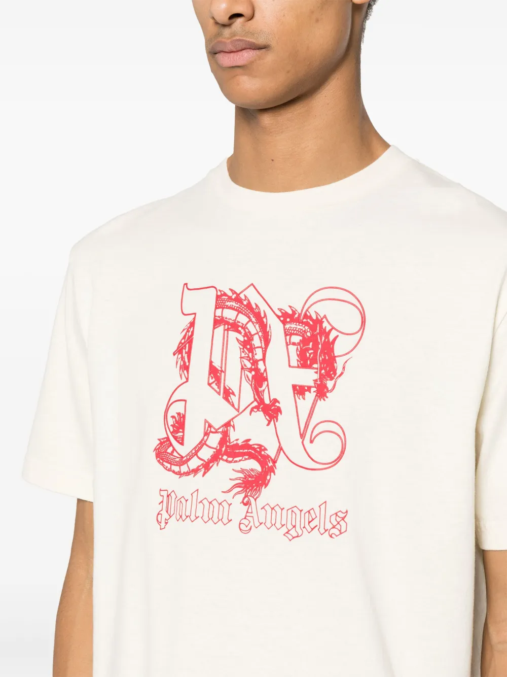 Palm Angels Katoenen T-shirt met draak monogram Beige