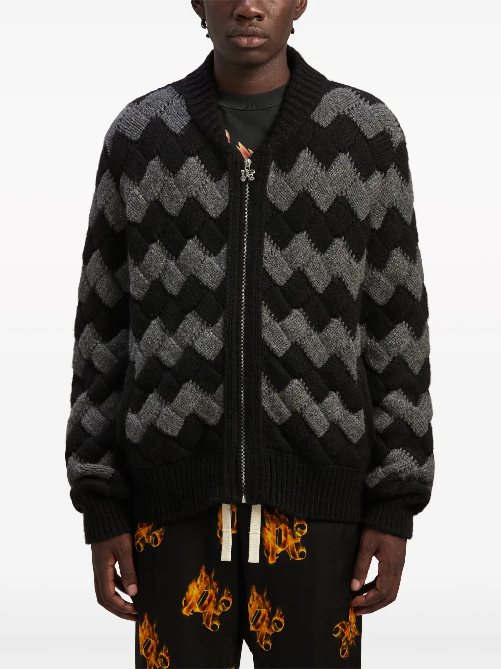  Palm Angels Zig-zag Knit Bomber Jacket - Black 