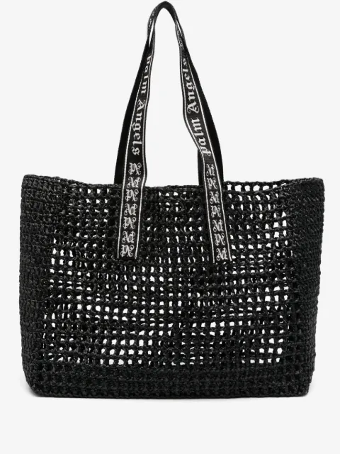 Palm Angels logo-strap raffia tote bag