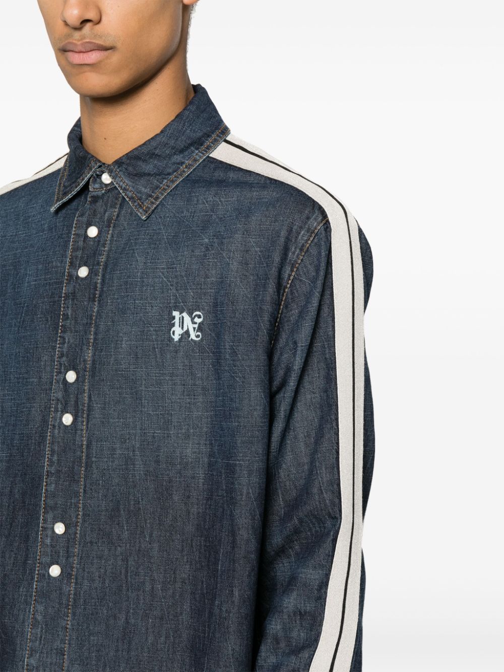 Shop Palm Angels Monogram-embroidered Denim Track Jacket In Blue