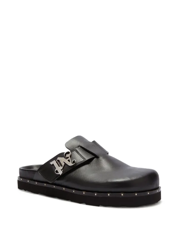 ★Palm Angels★ロゴ カフ レザー ミュール Palm Angels logo-plaque Studded Leather Mules | Black | FARFETCH