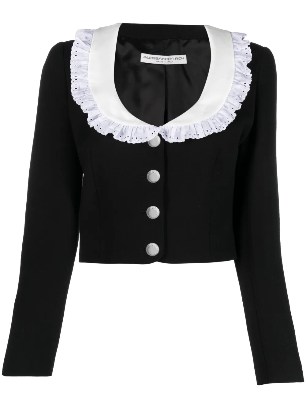 Alessandra Rich Cropped Broderie-anglaise Trimmed Wool Blazer In Black