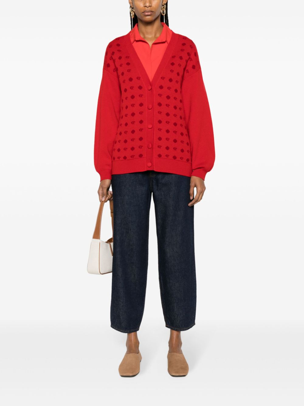 Shop Claudie Pierlot Intarsia-logo V-neck Cardigan In Red