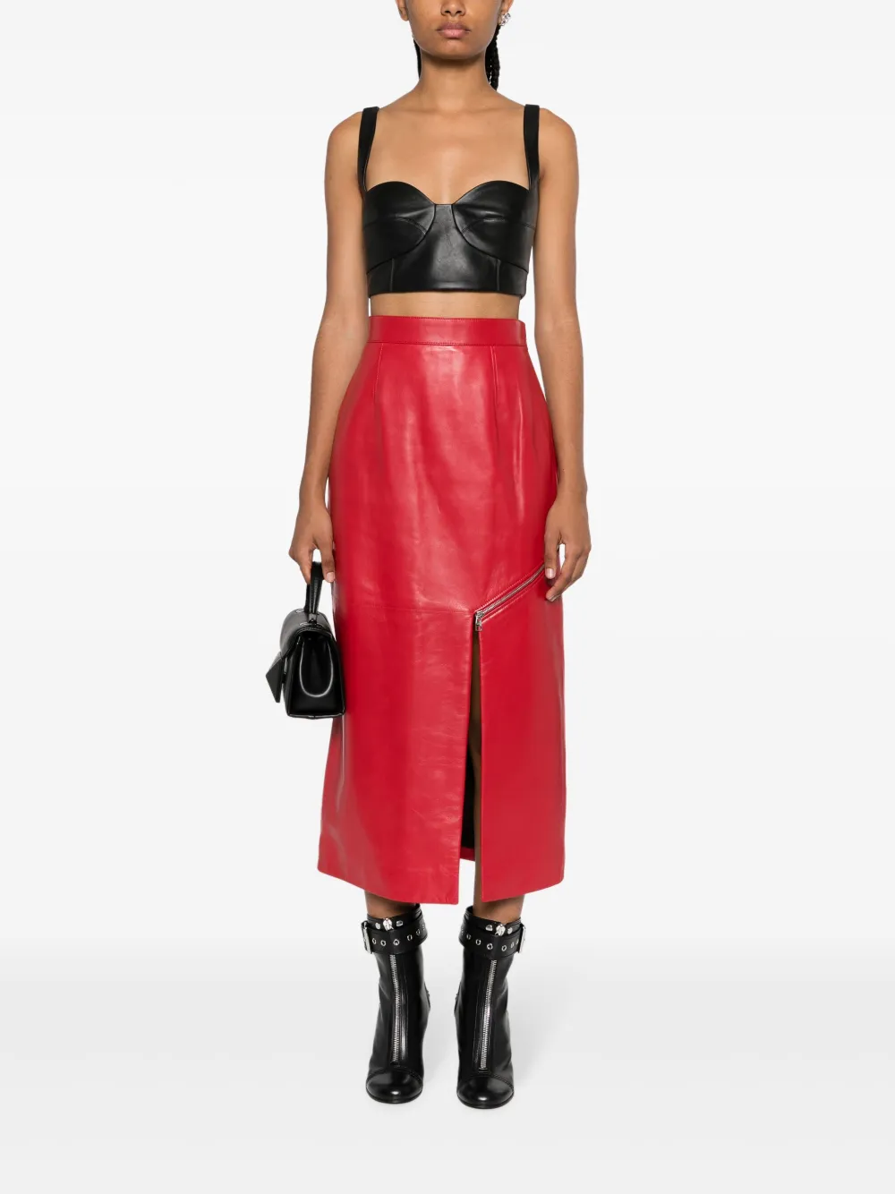 Alexander McQueen side-slit leather midi skirt - Rood