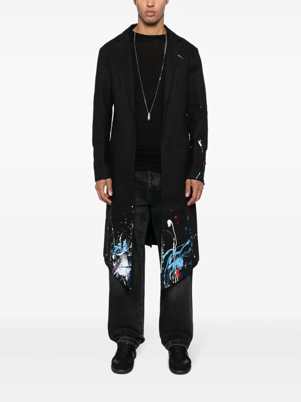 Greg Lauren paint-splatter notched-lapels coat - Zwart