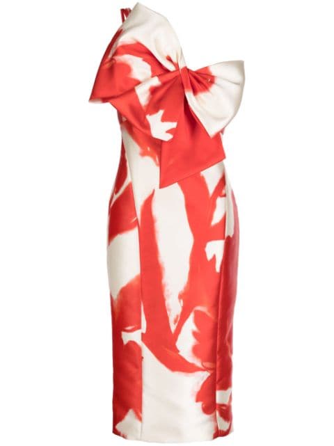Amsale abstract-print oversize-bow midi dress
