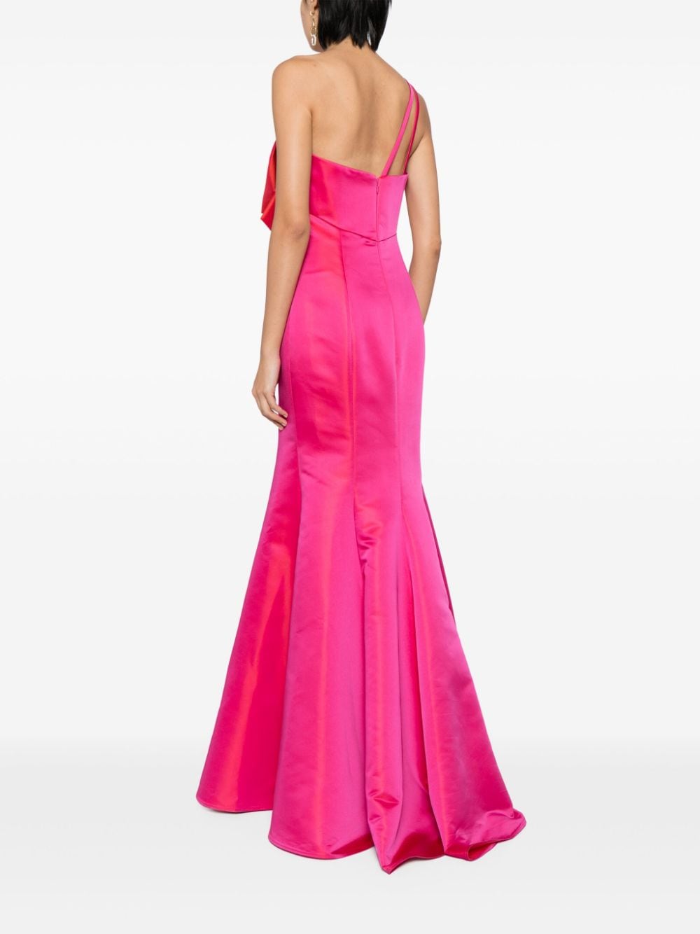 Shop Amsale Oversize-bow One-shoulder Satin Gown In Pink