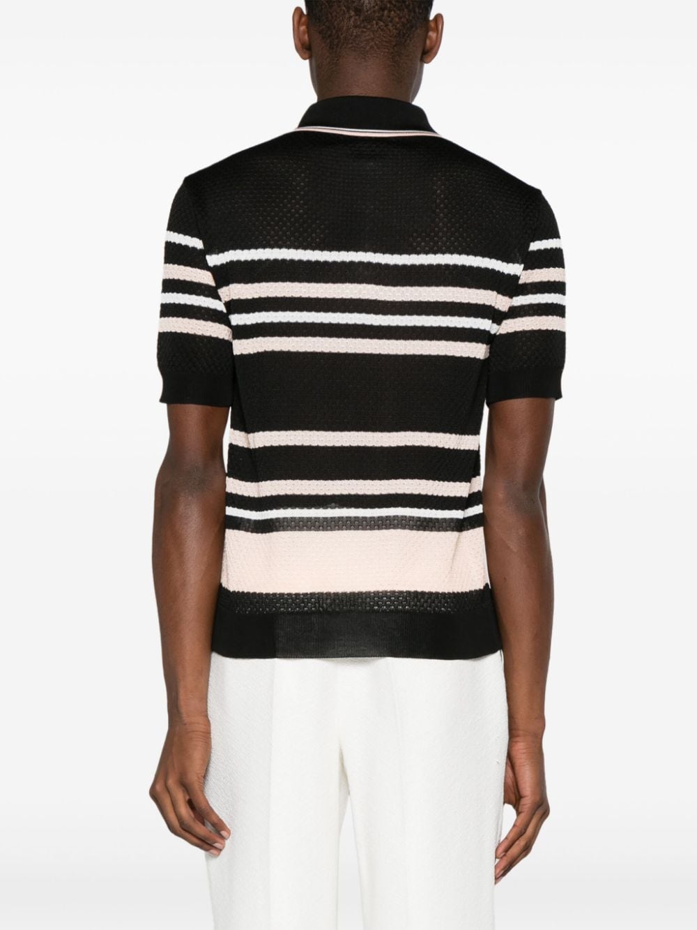 Shop Amiri Striped Pointelle-knit Polo Shirt In Black