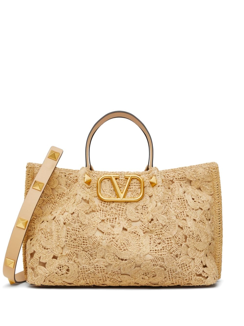 Valentino Garavani Medium Lace-effect Raffia Tote Bag In Neutrals