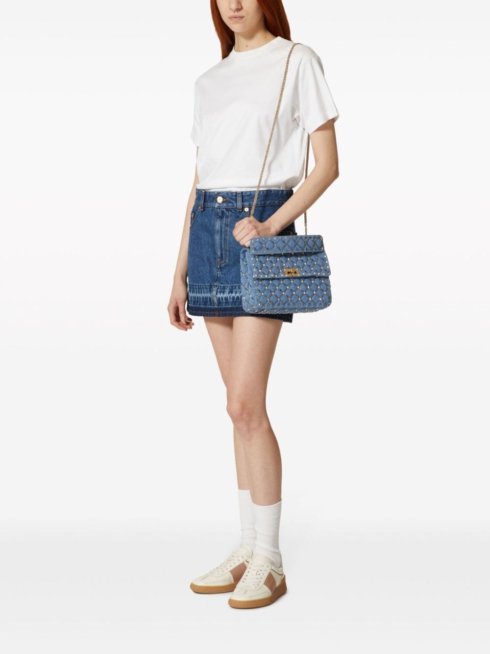 Shop Valentino Rockstud Spike Denim Crossbody Bag In Blue